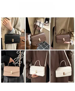Collage of chic minimalist leather crossbody bags in various neutral colors worn by a model