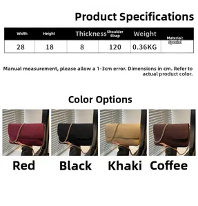 Size chart and dimensions for the suede chain crossbody bag available in four colors