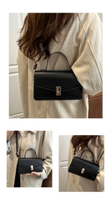 Detailed views of a black leather crossbody bag with gold buckle and adjustable strap