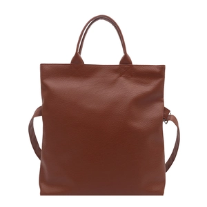 Deep brown pebble leather tote bag with handle and adjustable strap in structured design