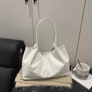 White faux leather minimalist hobo tote bag for women with pleated design and long strap