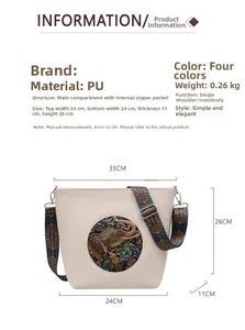 Size chart showing beige PU tote bag dimensions with detailed product specifications table