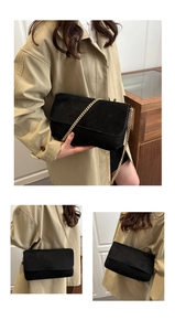 Detailed close-up of a black suede handbag with elegant golden chain strap shown in three views