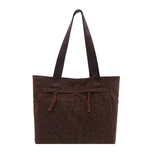 Vintage dark brown leopard print tote bag with woven drawstrings and side pockets