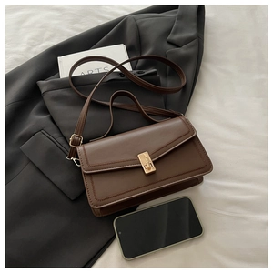 Detailed view of brown matte leather square bag with vintage gold metal clasp