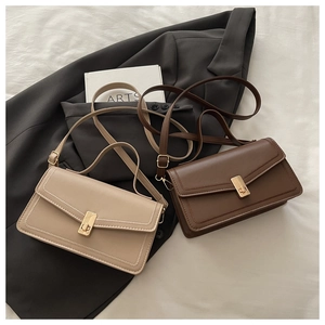 Flat lay of minimalist faux leather flap crossbody bags in beige and coffee colors