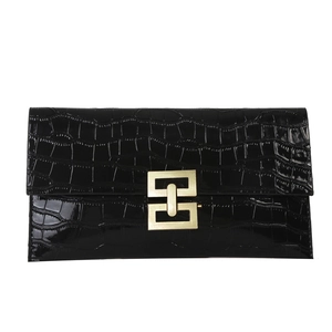 Elegant black crocodile pattern envelope clutch bag with gold rectangular metal lock