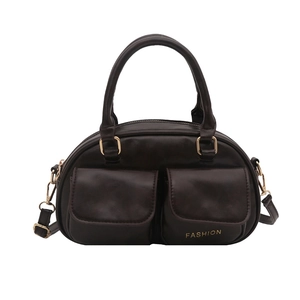 Dark brown minimalist dual-pocket handbag with top handles and adjustable shoulder strap
