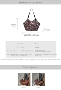 Detailed size chart and parameter overview for the leopard print large tote shoulder bag