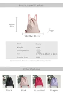 Detailed size chart and multi-color options for lightweight nylon drawstring backpack