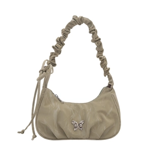 French style ruched crescent moon underarm bag in beige with silver butterfly detail