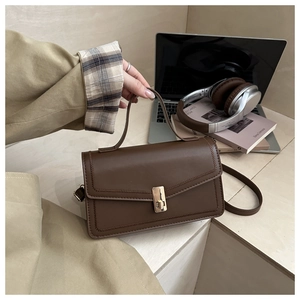 Detailed shot of dark brown leather crossbody bag featuring gold buckle and sleek finish
