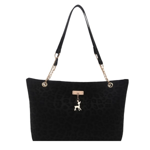Borsa tote retrò leopardata nera con tracolla a catena dorata e ciondolo a forma di cervo