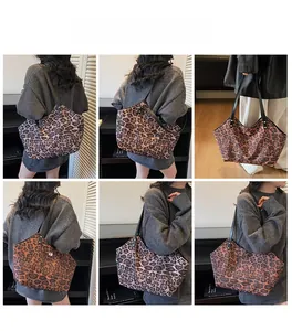 Collage of leopard print tote bag with black leather straps shown from multiple angles