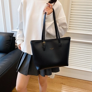Large capacity black faux leather tote bag with gold logo and adjustable shoulder strap