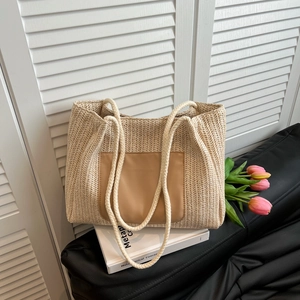 Sac fourre-tout tissé en paille avec poche en cuir marron pour shopping décontracté