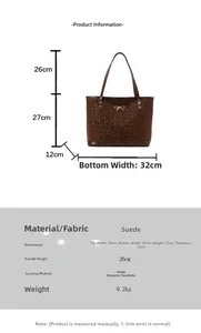 Detailed size specifications for a retro leopard print suede tote bag with metal bow