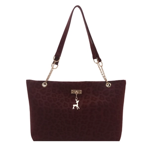 Deep burgundy tote bag with leopard texture, golden deer pendant and chain strap