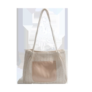 Grand sac à bandoulière tressé beige avec texture en V et empiècement lisse