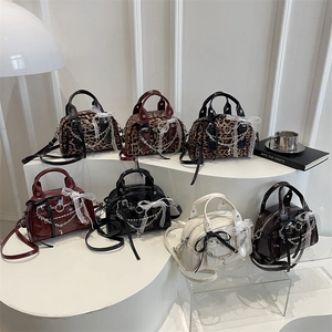 Gothic Boston Handbag PU Leather Lace Bow Metal Chain Cross Pendant Detachable Strap Shoulder Crossbody Bag For Women