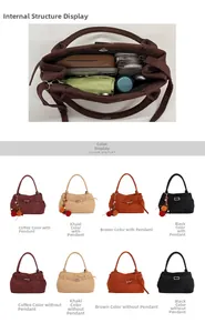 Detail view of large suede tote bag interior storage and available color options