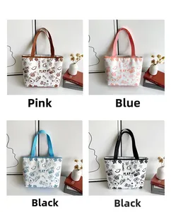Collage of four large canvas tote bags with cartoon bear and graffiti prints in four colors