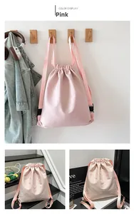 Detailed views of a pink nylon drawstring backpack in lifestyle settings and color display