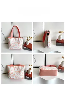 Detail showing various angles of the white canvas tote bag with coral pink straps