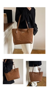 Close-up of leopard print tote bag with gold bow detail and durable leather straps