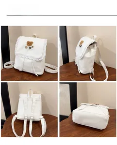 Multi-angle view of a white PU leather backpack featuring lace trim and teddy bear decor