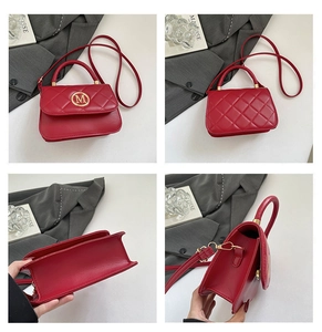 Multi-angle details of red quilted small square bag with gold M-logo metal buckle