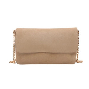 Chic suede-textured crossbody square bag with gold chain strap on white background