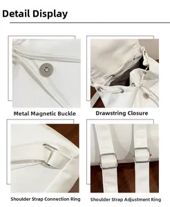 Close-up of white PU leather backpack details showing magnetic buckle and drawstring closure