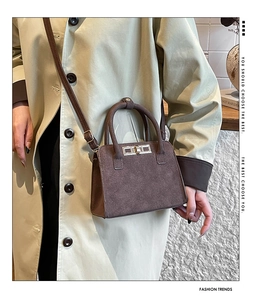 Brown suede mini handbag showing the adjustable shoulder strap and gold clasp detail