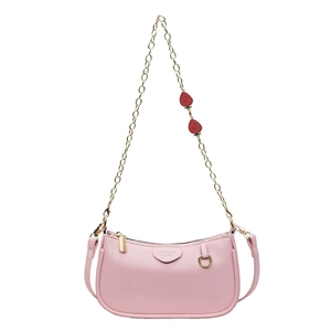 Pink litchi texture crescent shoulder bag with gold chain and strawberry charms