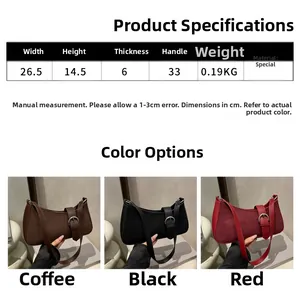 Size guide for retro baguette bag showing dimensions and colors in coffee black red