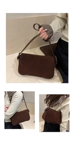 Three-way view of coffee brown suede underarm bag showing handheld and shoulder styles