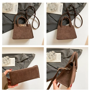 Detailed four-view display of a vintage dark brown matte handbag with metal twist lock