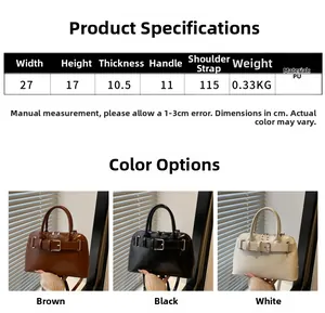 Size chart and dimensions for women's PU leather shell bag with buckle detail