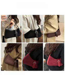 Three colors of suede crescent bags shown in a six-grid collage for daily wear
