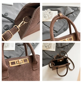 Detail shots of brown frosted suede handbag with gold hardware and interior view