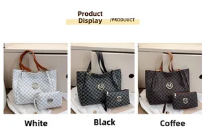 Three-color set of large M-print tote bags and clutch bags with gold logo detail