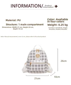 Detailansicht des weißen PU-Rucksacks mit Monogramm, Goldlogo und Maßangaben