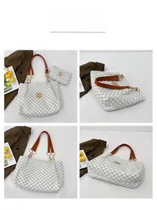 Four-angle view of white patterned tote bag set with brown straps and golden M logo