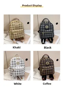 Detailansicht von Mini-Rucksäcken in Khaki, Schwarz, Weiß und Braun mit Buchstabendruck