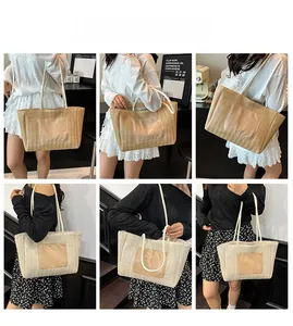 Detailed views of a large woven tote bag featuring a leather patch and rope handles