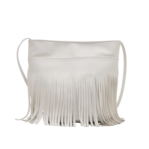 Chic white fringe shoulder bucket bag with long tassels and minimalist crossbody strap