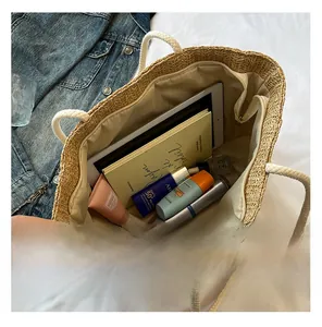 Macro view of woven tote interior with zipper lining and spacious storage capacity