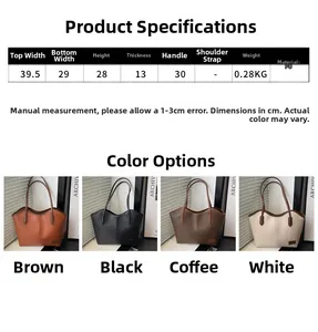 Detailed size chart and multi-color collage of a vintage large capacity faux leather tote bag
