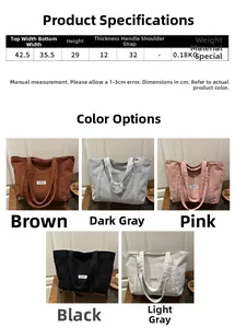 Detailed size chart and specifications for the corduroy tote bag in multiple colors